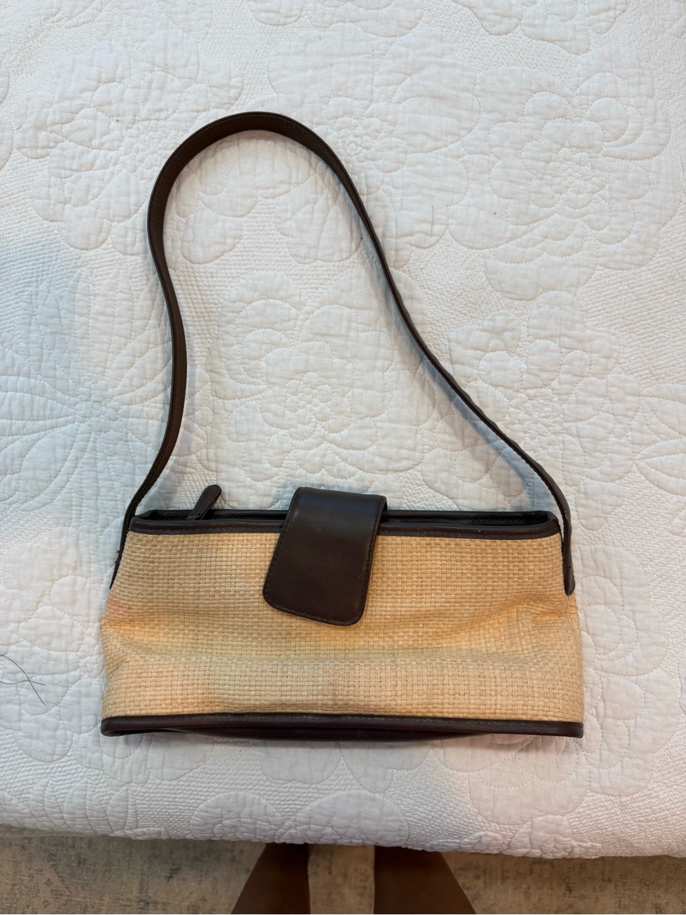 Liz Claiborne Natural Straw Shoulder Bag with Dark Brown Trim
